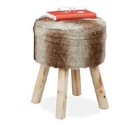 Relaxdays Ottoman, Decorative Faux Fur, Soft Round Seat Stool, Wooden Legs, Country Style, HxØ: 42 x 33 cm, Grey/Brown