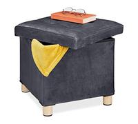 Relaxdays Ottoman, Stool with Storage, H x W x D 35 x 38 x 38 cm, Cushioned Velvet and MDF, Dark Grey, Fibreboard