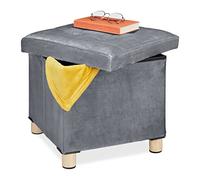 Relaxdays Ottoman, Stool with Storage, H x W x D 35 x 38 x 38 cm, Cushioned Velvet and MDF, Light Grey, Fibreboard
