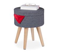 Relaxdays Ottoman with Table Function, Padded Lid, Storage Space, HxØ: 45.5 x 37 cm, Fabric, Wooden Legs, Grey/Natural, Fibreboard