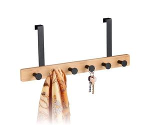 Relaxdays Over Door Hanger, 4 Hooks, Hanging Coat Rack for 2 cm Thickness, Bamboo & Metal, Clothes Storage, Brown/Black