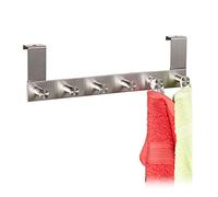 Relaxdays Over Door Rack, 6 Hooks, Stainless Steel, Clothes & Towel Hanger, Door Thickness 1.8cm, 11x38x5.5cm, Silver