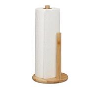Relaxdays Paper Towel Roll Holder, Bamboo, Stainless Steel, Kitchen Rack with a Stopper, HxØ: 28x14.5 cm, Natural