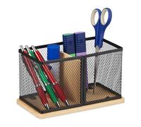 Relaxdays Pen, Bamboo & Mesh, HxWxD: 11 x 19 x 10 cm, Pencil Cup for Desk, Office Storage Holder, Black/Natural, Iron