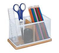 Relaxdays Pen Holder, Bamboo & Metal Mesh, Desk Organiser, Office Supplies & Make-up Brushes, 11x19x10 cm, Natural/White, Iron
