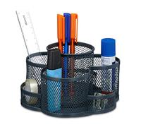 Relaxdays Pen Holder, Rotatable, 7 Compartments, H x W x D: 10.5 x 16 x 17 cm, Metal, Grey