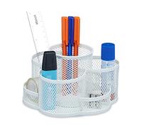 Relaxdays Pen Holder, Rotatable, 7 Compartments, H x W x D: 10.5 x 16 x 17 cm, Metal, White, Steel
