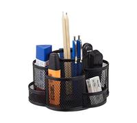 Relaxdays Pencil Holder, Metal Mesh, 7 Compartments, Rotatable, Round Desk Organizer, Black, Steel, 11 x 17.5 x 16.5 cm