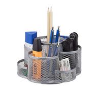 Relaxdays Pencil Holder, Metal Mesh, 7 Compartments, Rotatable, Round Desk Organizer, Silver