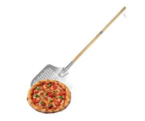 Relaxdays perforated pizza peel, detachable wooden handle, 132 cm long, aluminium & stainless steel, silver