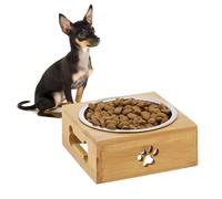 Relaxdays Pet Bowl, 400ml Volume Capacity, Dog Food, Water, Steel, Bamboo Stand, HxWxD: 6x14.5x14.x5cm, Silver, Natural