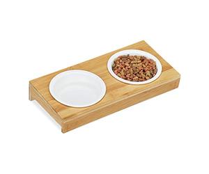 Relaxdays Pet Feeding Station, 2x Dog Bowls, Cat, Small Animals, Wood Stand, Ceramic Bowls, each 200 ml, Natural/White