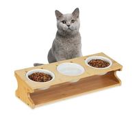 Relaxdays Pet Feeding Station, 3X Cat, Bamboo Wood Stand, Ceramic Bowls, Each 400ml Volume Capacity, Natural/White, 13.5 x 51 x 17.5 cm