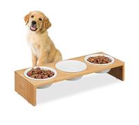 Relaxdays Pet Feeding Station, 3X Dog, Bamboo Wood Stand, Ceramic Bowls, Each 400ml Volume Capacity, Natural/White, 9.5 x 46.5 x 17 cm
