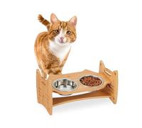 Relaxdays Pet Feeding Station, Bamboo, for Cats and Small Dogs, Raised Feeder, 18 x 36 x 21 cm, 2 Dishes, Natural/Silver