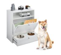 Relaxdays Pet Feeding Station, Drawer with 2 Bowls, Dog Food Storage, Tilting Cabinet, HWD: 68 x 60 x 33 cm, MDF, White, Stainless steel, Fibreboard