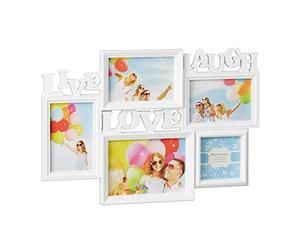 Relaxdays Picture Frame Live Love Laugh, Hanging Gallery for 5 Photos in Various Sizes, 3D Collage, 31x45.5, White