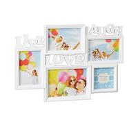 Relaxdays Picture Frame Set Live Love Laugh, Hanging Gallery for 5 Photos in Various Sizes, 3D Collage, White