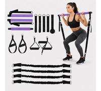 Relaxdays Pilates Bar Kit, colour options | 4 resistance bands, 30-160lbs, handles, loops, door anchor, bag, Pilates bar