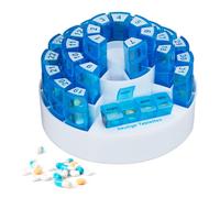 Relaxdays Pill Box, Medication Sorter for 31 Days, 4 Compartments for Each, BPA-Free Plastic, HxØ: 14 x 21cm, White/Blue