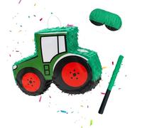 Relaxdays Piñata Set, 3-piece, Tractor, for hanging, for kids, stick & eye mask, dark green/red