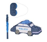 Relaxdays Piñata with Accessories, Police Car Design, Hanging, Kids, Boys & Girls, incl. Stick & Mask, Unfilled, Blue, Paper, 22 x 50 x 16 cm