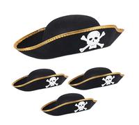 Relaxdays Pirate Hat, Set of 4, Peaked, with Skull & Bones Decor, Halloween, Costume Parties, up to 58 cm Head Ø, Black, Polyester, 11 x 33 x 24 cm
