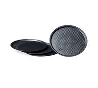 Relaxdays Pizza Pans with Perforations Set Round Pizza Baking Trays with Large Inner Diameter of 29 cm Tray for Pizza and Tarte Flambee Pizza Baking Set 4 Piece Set w/ Non-Stick Coating, Gray
