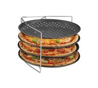 Relaxdays Pizza Tray, Set of 4, with Rack, Non-Stick Baking Sheet, Round Pans, Holes, Carbon Steel, Anthracite/Silver, 50% Stainless Steel