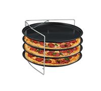 Relaxdays Pizza Tray, Set of 4, with Rack, Non-Stick Baking Sheet, Round Pans in Stand, Carbon Steel, Anthracite/Silver