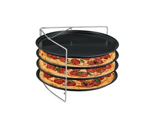 Relaxdays Pizza Tray, Set of 4, with Rack, Non-Stick Baking Sheet, Round Pans in Stand, Carbon Steel, Anthracite/Silver