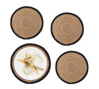 Relaxdays Place Mat Set, 4x Coaster, Tableware, Table Protector, Round, Ø 37 cm, Water Hyacinth Material, Natural/Black, Plant fibre