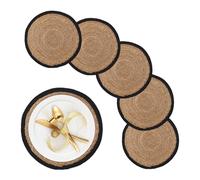 Relaxdays Place Mat Set, 6x Coaster, Tableware, Table Protector, Round, Ø 37 cm, Water Hyacinth Material, Natural/Black, Plant fibre