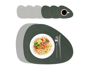 Relaxdays placemats with coasters, 6-pack, faux leather, 30 x 40.5 cm, wipeable, oval, grey/green