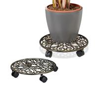 Relaxdays Plant Caddy with Wheels, Set of 2, Round, Antique Design, Cast Iron, 7.5x34 cm, Rolling Flower Stand, Bronze