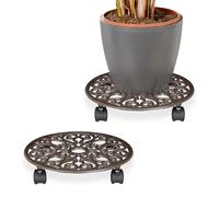 Relaxdays Plant Caddy with Wheels, Set of 2, Round, Antique Design, Cast Iron, 7.5x34 cm, Rolling Flower Stand, Black, Plastic