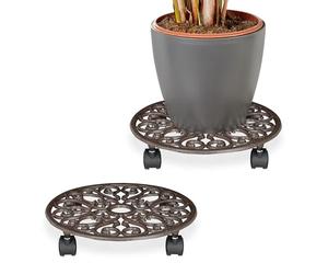 Relaxdays Plant Caddy with Wheels, Set of 2, Round, Antique Design, Cast Iron, 7.5x34 cm, Rolling Flower Stand, Black