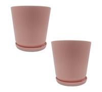 Relaxdays Plant Pot, Set of 2, Pot with Saucer, Ridges, H x D: 20 x 20 cm, Herb Planter, Plastic, Old Rose