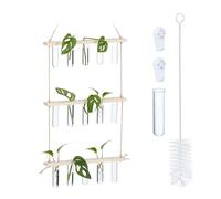 Relaxdays Plant Propagation Station, Hanging, 15 Glass Tube Vases with Wooden Shelf, Several Levels, Natural/Transparent, Wood, 86 x 35.5 x 4.5 cm