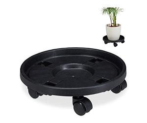 Relaxdays Plant Roller Round, Set of 2, HxØ: 10x35.5 cm, Flowerpot Holder with Castors, Plastic, Indoor & Outdoor, Black