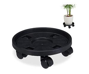 Relaxdays Plant Roller Round, Set of 2, HxØ: 9.5 x 30cm, Flowerpot Holder with Castors, Plastic, Indoor & Outdoor, Black