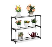 Relaxdays Plant Shelf, 3 Levels, for Flower Pots and Decorations, Indoor, Metal & Plastic, HWD: 72 x 91 x 28 cm, Black, Steel