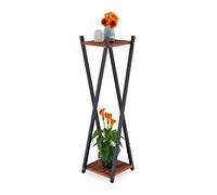 Relaxdays Plant Stand, 2 Tiers in Wooden Look, Modern Pot Holder, 99x29x29 cm, Black Metal Frame in X-form, Dark Brown, Steel