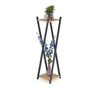 Relaxdays Plant Stand, 2 Tiers in Wooden Look, Modern Pot Holder, 99x29x29 cm, Black Metal Frame in X-Form, Light Brown