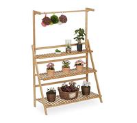 Relaxdays Plant Stand, 3 Tiers & Hanging Rod, HWD 145.5 x 100 x 38 cm, Bamboo, Folding Flower Pot Shelves, Wood, Natural