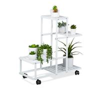Relaxdays Plant Stand, 4 Shelves, Plantpot Steps for Flowers & Herbs, Metal, with Castors, 60.5 x 61.5 x 26 cm, White, Steel