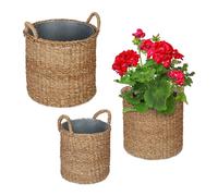 Relaxdays Planter Basket with Zink Set of 3, Various Sizes, Seagrass Container, Garden & Balcony, Round Tub, Natural, Plant fibre, 42 x 37 cm