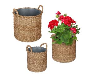 Relaxdays Planter Basket with Zink Set of 3, Various Sizes, Seagrass Container, Garden & Balcony, Round Tub, Natural, Plant fibre, 42 x 37 cm