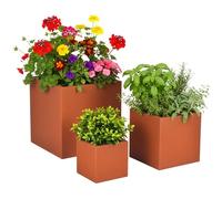 Relaxdays Planter Set, 3 Sizes, Rust Effect, Garden, Balcony, Square Planters, Carbon Steel, Rust-Brown