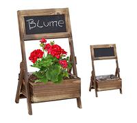 Relaxdays Planter Set of 2, Flower Pot with Film, H x W x D: 35.5 x 21 x 17 cm, Outdoor and Indoor Wooden Decoration with Chalkboard, Brown, Wood, 2-Set